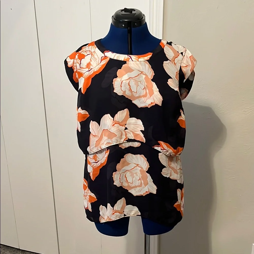 CAbi Navy Blue and Orange Blouse Vibrant Floral Top | Size S - Picture 3 of 11